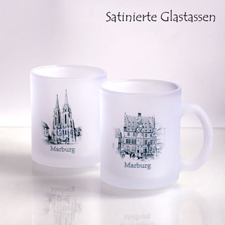Satinierte Glastassen mit Marburg-Motiv - Marburg-Impressionen.de